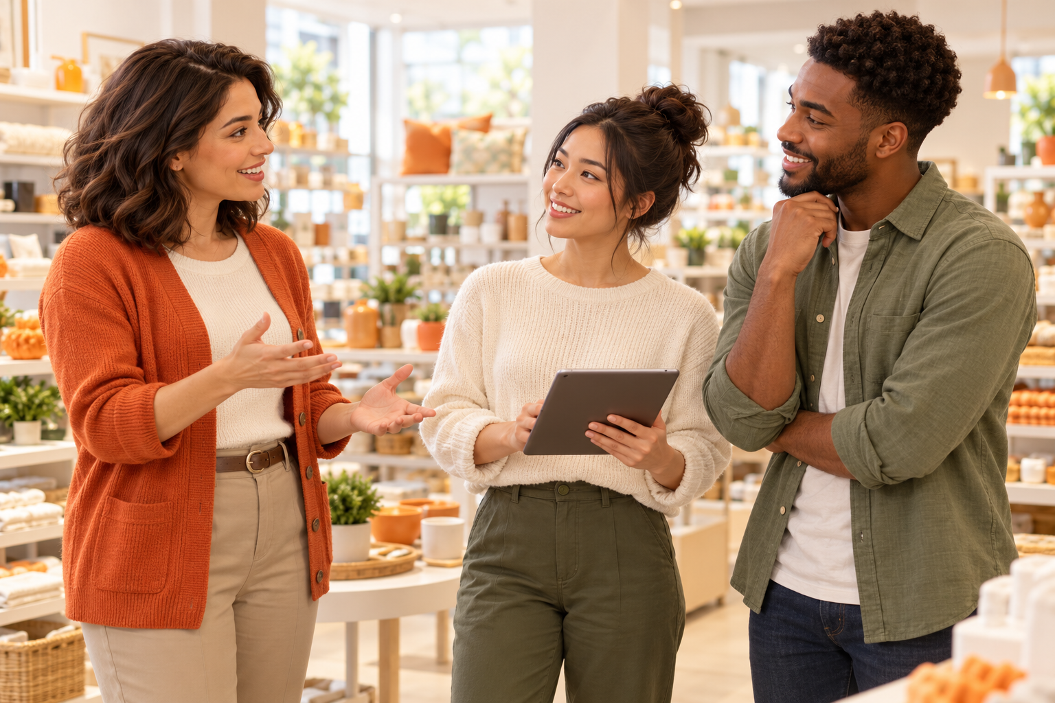 Three retail team members talking together on a bright store floor